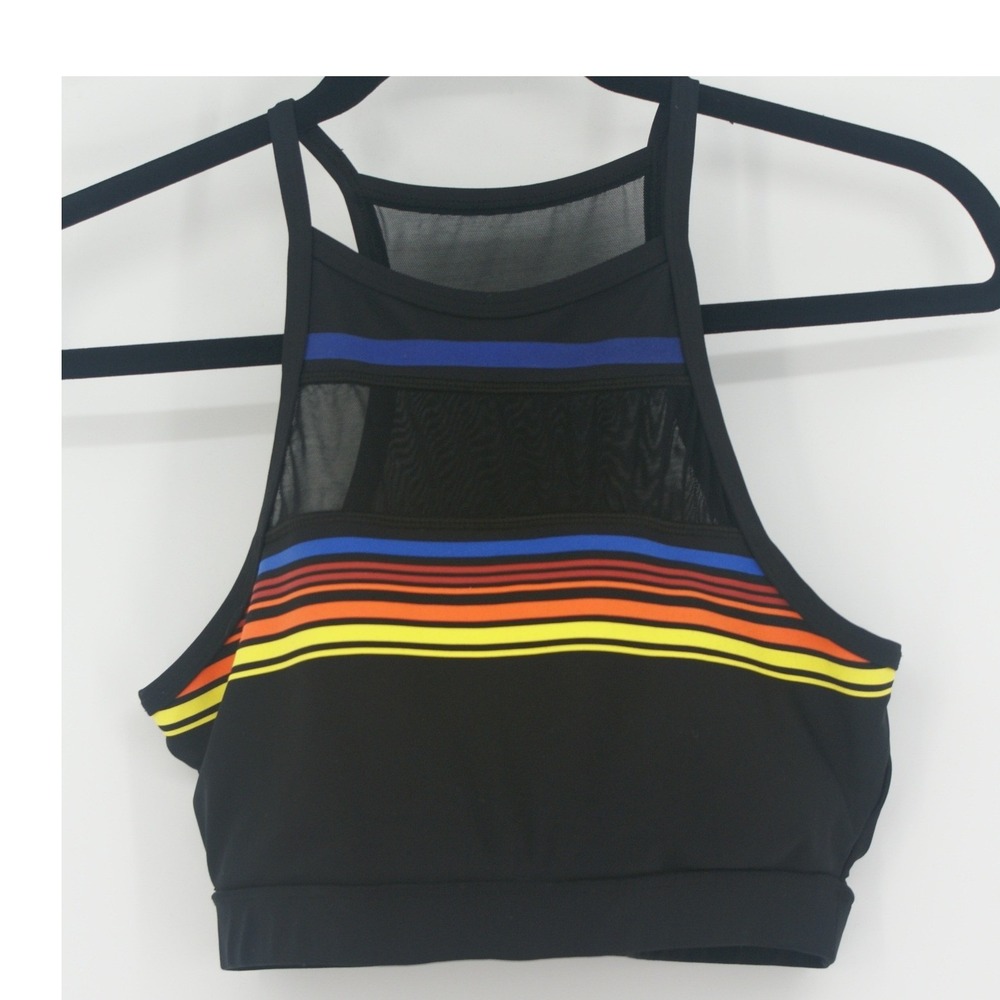 C&C California Womens High Neck Mesh Striped Sports Bra Black Large Multi-Color